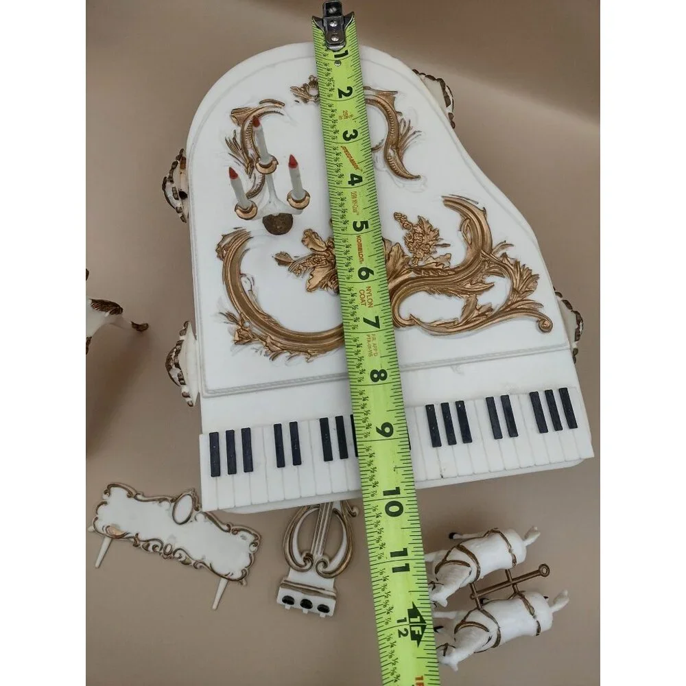 Vintage 1970s White & Gold Grand Piano Cake Decorating Set Candleholder Horses